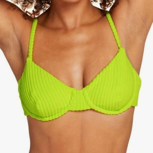 Andie Swim Women's The Bermuda Bikini Top Size M Neon Lemon Green Rib Terry - Picture 1 of 7
